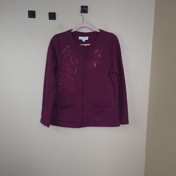 breckenridge Sweaters - Breckenridge Embroidered Full Zip Pocket Cardigan in Burgundy Size M